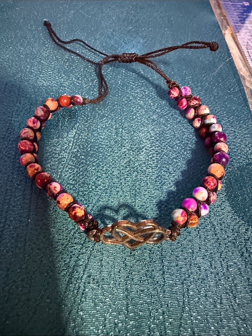Handmade Multicolor Beaded Adjustable Bracelet with Heart Knot